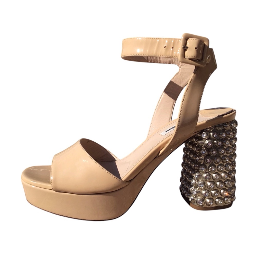Miu Miu Patent Jewel Heel Platform Sandal Nude Size 39 - Picture 4 of 16